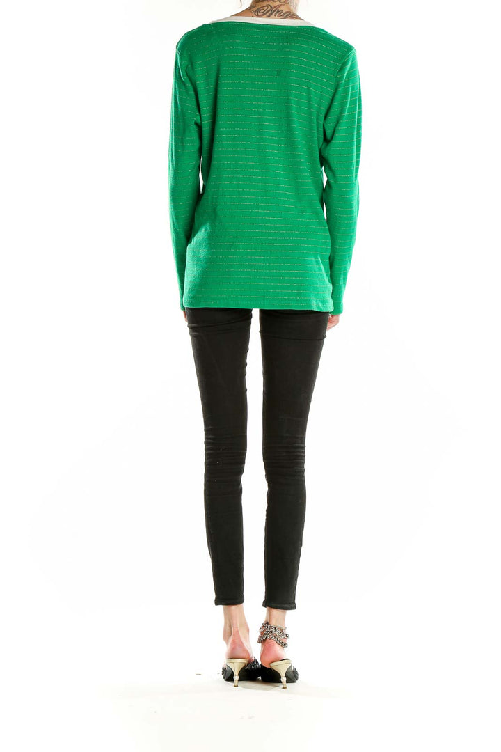 Back view of green striped Tommy Hilfiger long sleeve top