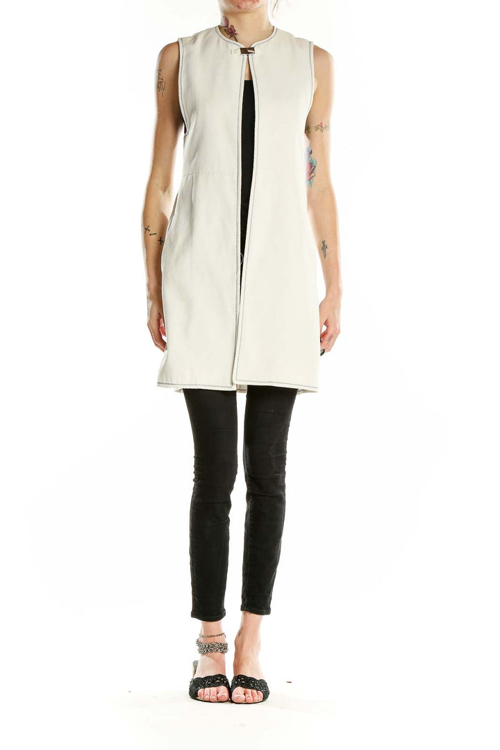 Front view of white sleeveless Zara Basic long vest