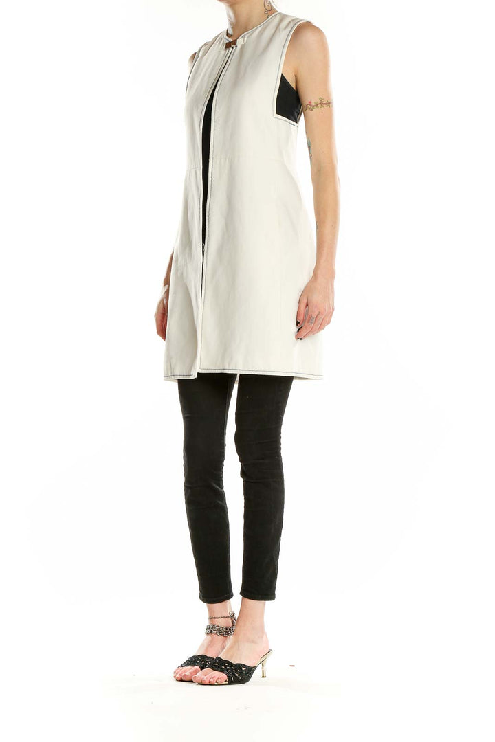 Front view of white sleeveless Zara Basic long vest