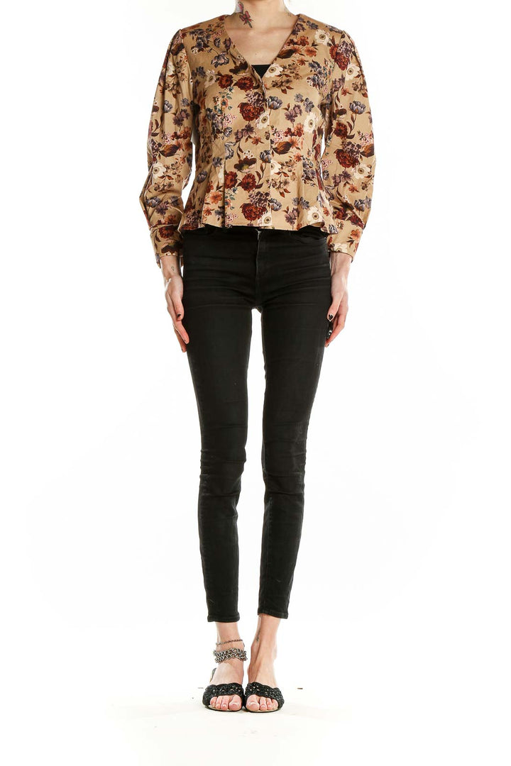 Front view of Antonio Melani beige floral button-up blouse