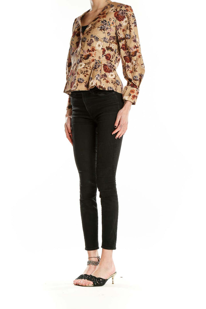 Front view of Antonio Melani beige floral button-up blouse