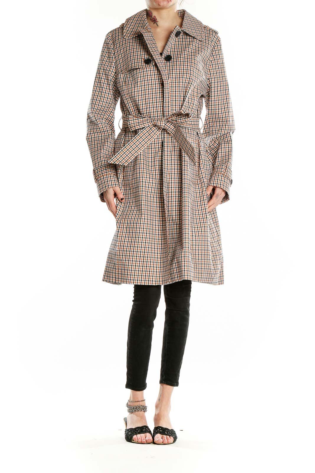 Brown Gingham Notch Lapel Coat