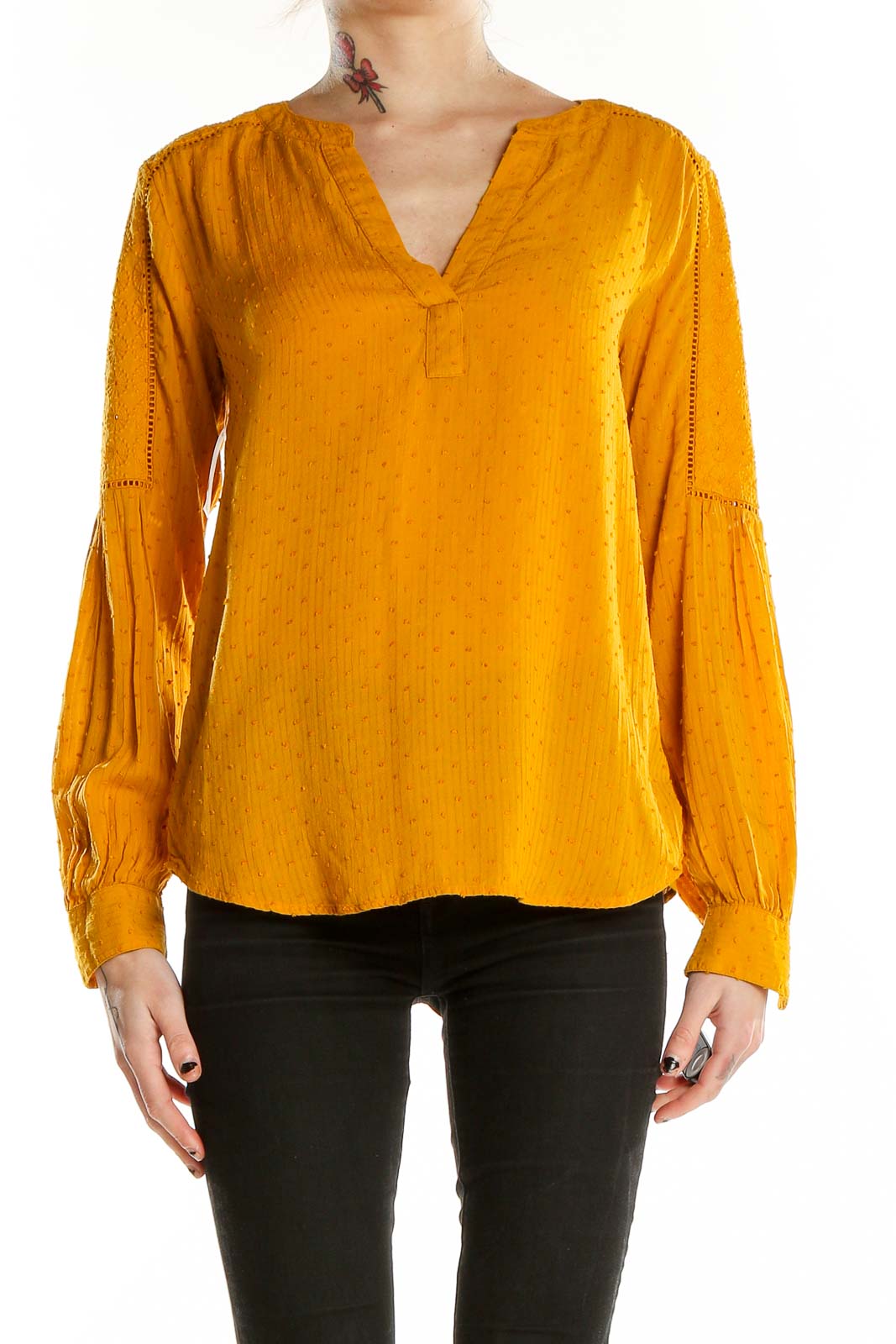 Front view of golden Ann Taylor LOFT rayon blouse with V-neck and lace details