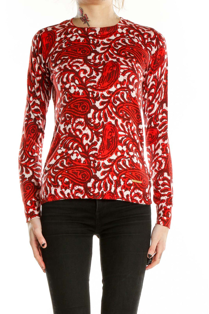 Front view of MICHAEL Michael Kors red paisley print long sleeve top