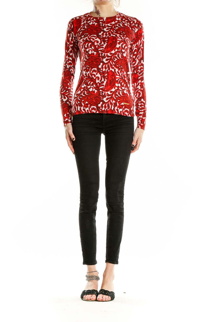 Front view of MICHAEL Michael Kors red paisley print long sleeve top