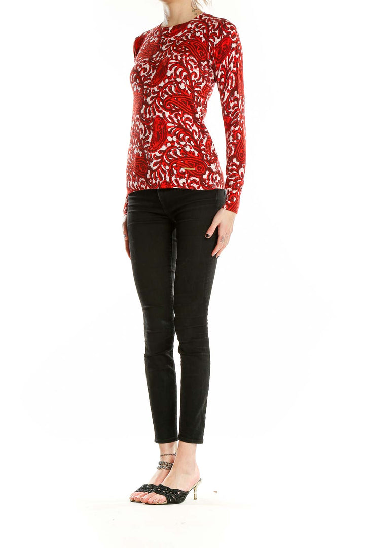 Front view of MICHAEL Michael Kors red paisley print long sleeve top