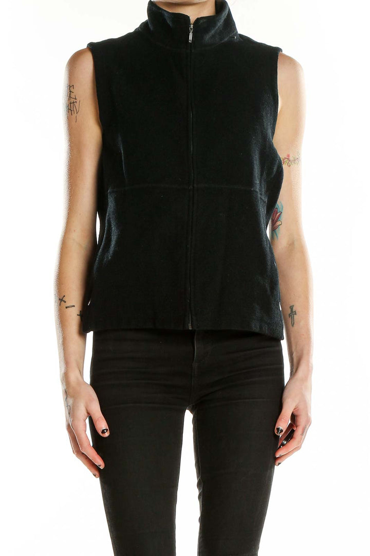 Front view of black Ibex merino wool blend zip-up vest