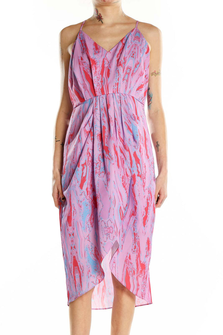 Front view of Chelsea28 Pink Floral Print Midi Dress with V-neck and spaghetti straps