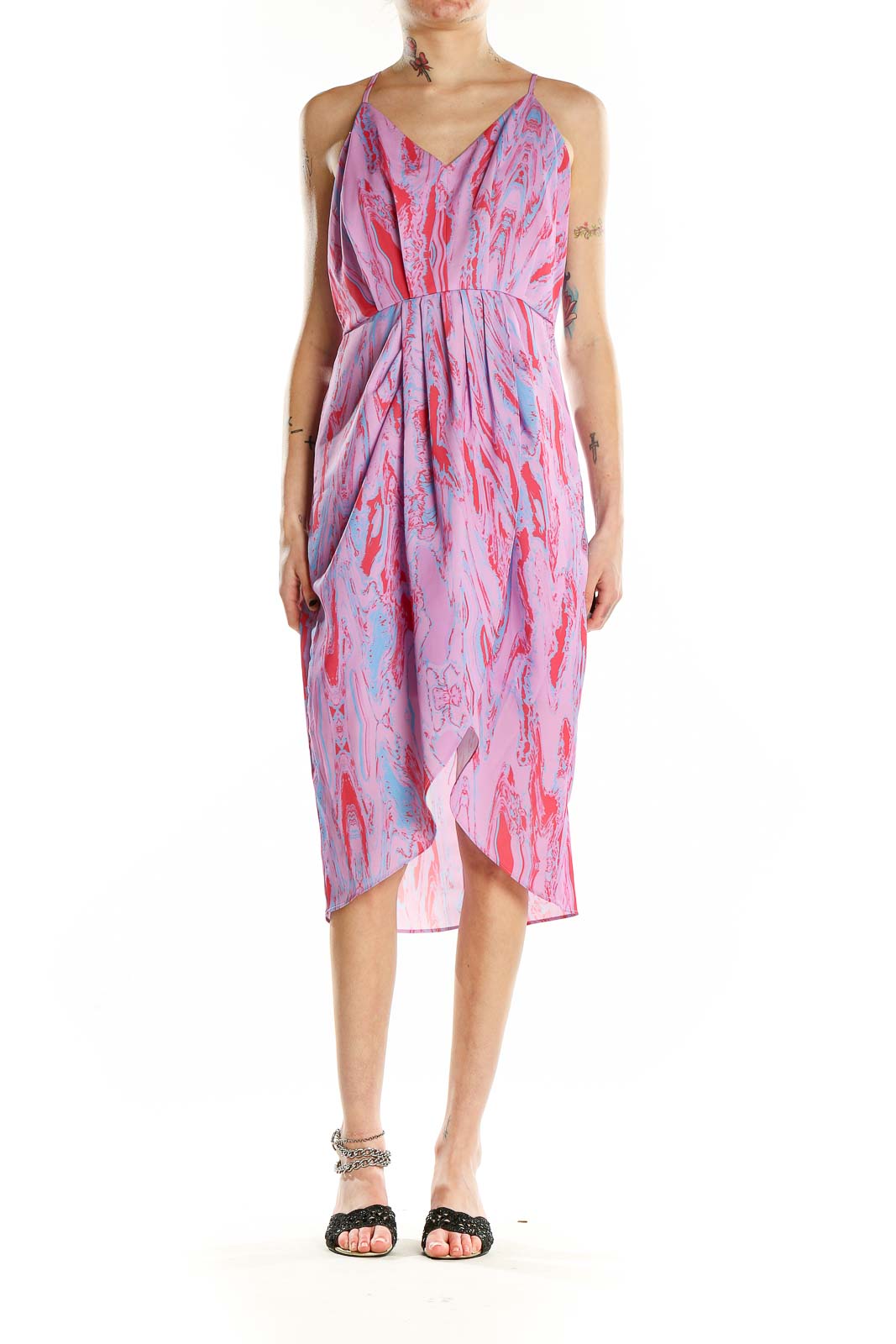 Front view of Chelsea28 Pink Floral Print Midi Dress with V-neck and spaghetti straps