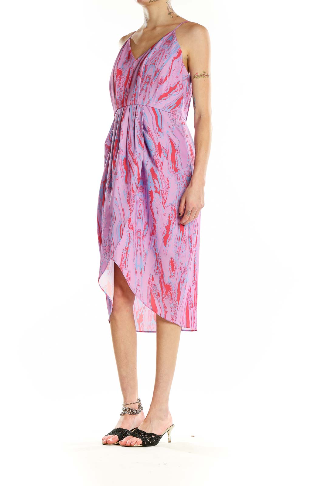 Front view of Chelsea28 Pink Floral Print Midi Dress with V-neck and spaghetti straps