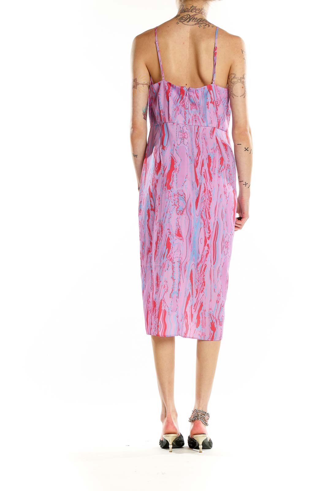 Back view of Chelsea28 Pink Floral Print Midi Dress showing open back design