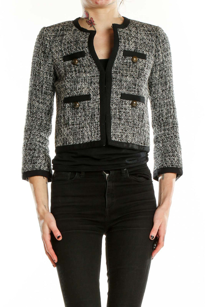 Front view of J.Crew gray tweed cropped jacket with gold-tone buttons