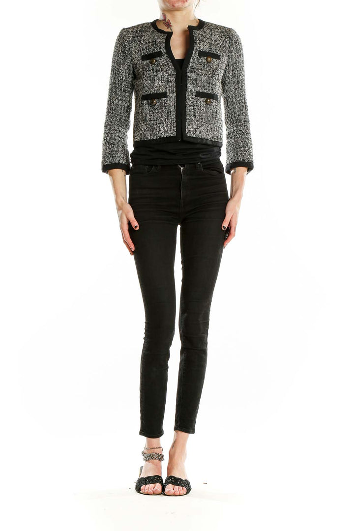 Front view of J.Crew gray tweed cropped jacket with gold-tone buttons