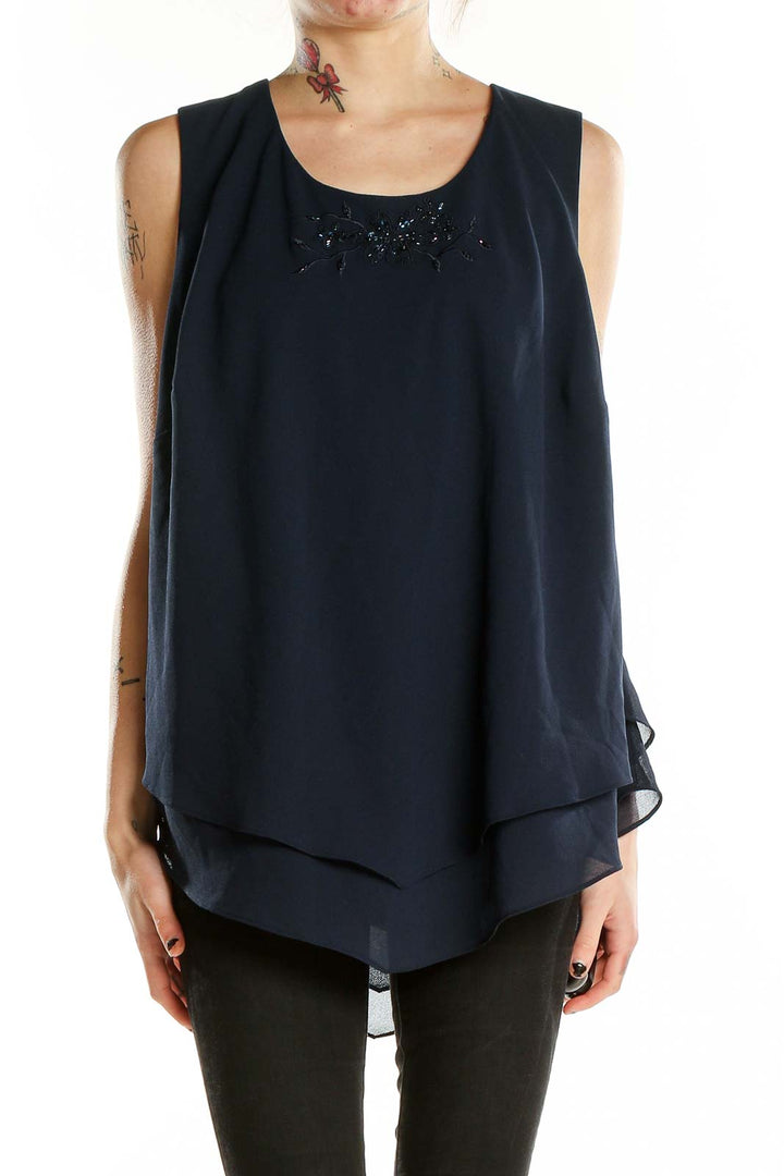 Front view of navy Coldwater Creek sleeveless blouse with layered design