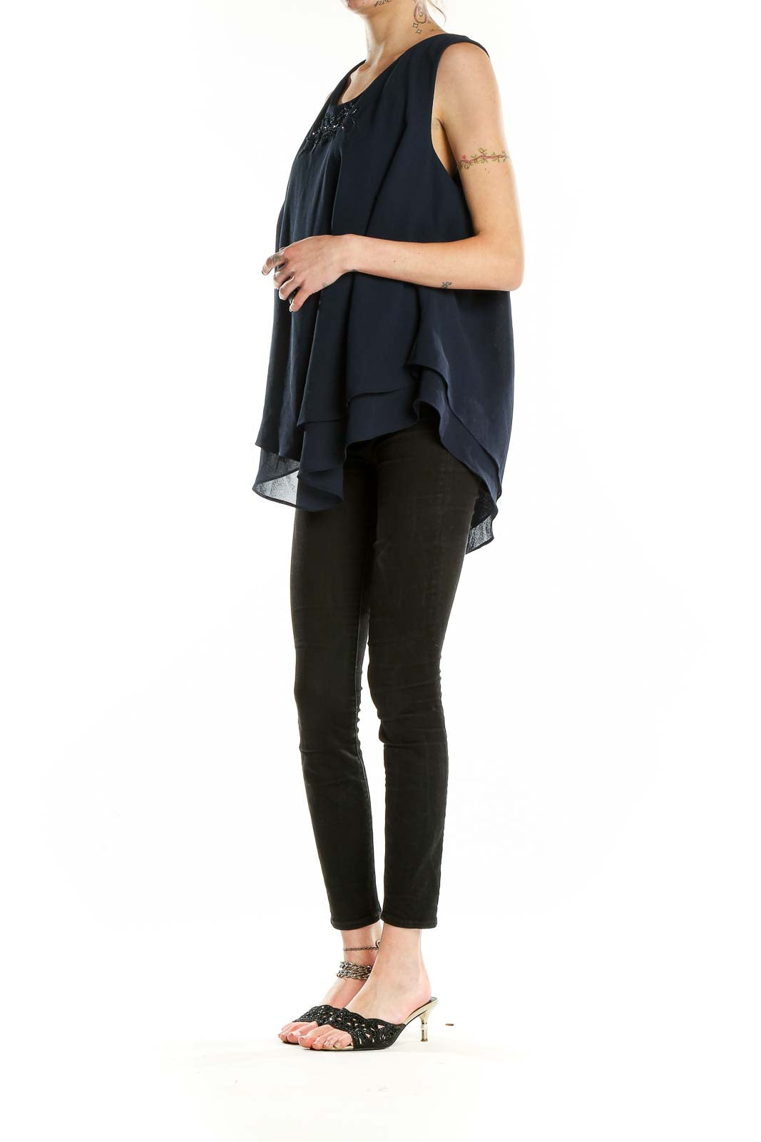 Front view of navy Coldwater Creek sleeveless blouse with layered design