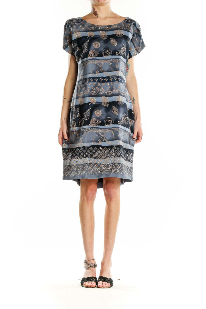 Gray Blue Silk Bohemian Print Dress