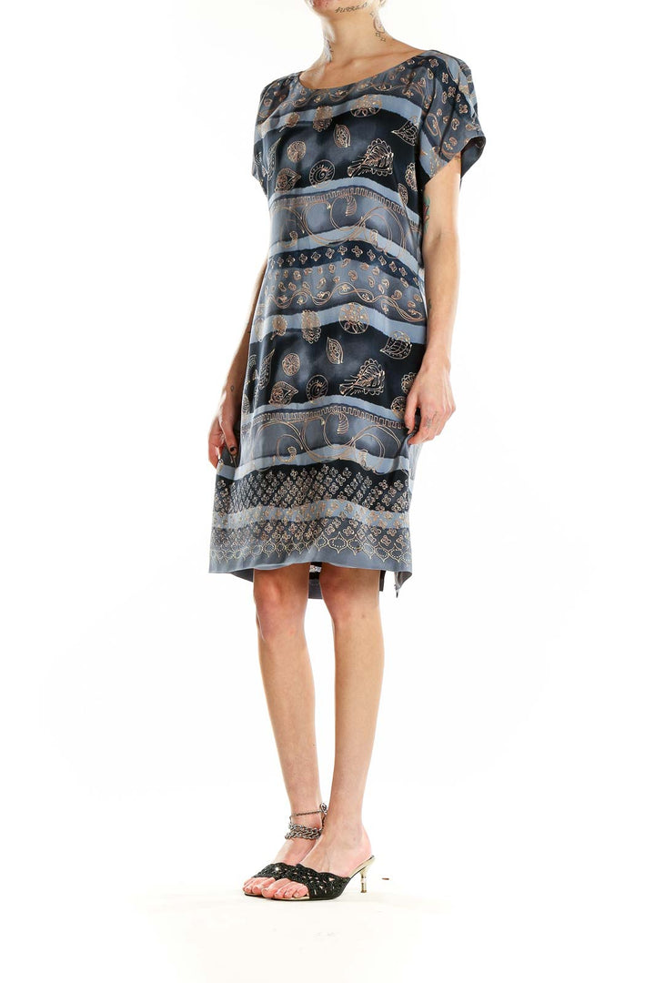 Gray Blue Silk Bohemian Print Dress