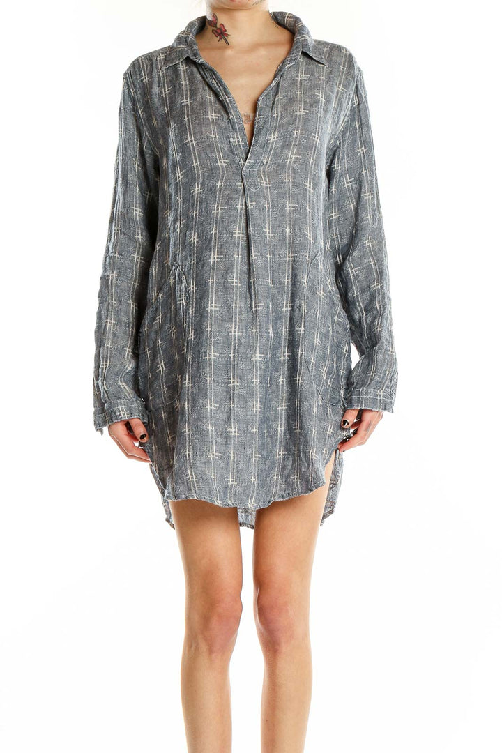 Front view of Free People x CP SHADES gray plaid linen shirt dress on model