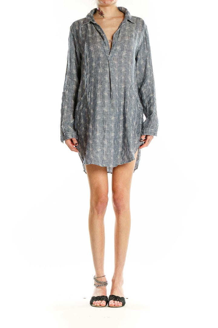 Front view of Free People x CP SHADES gray plaid linen shirt dress on model