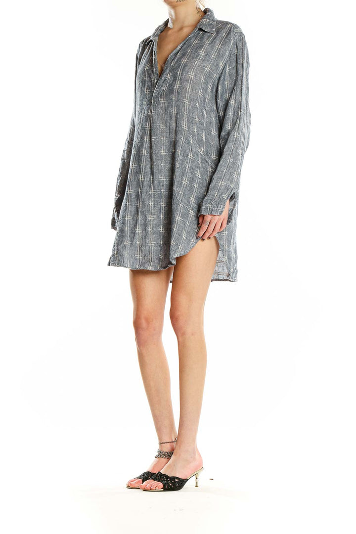 Front view of Free People x CP SHADES gray plaid linen shirt dress on model