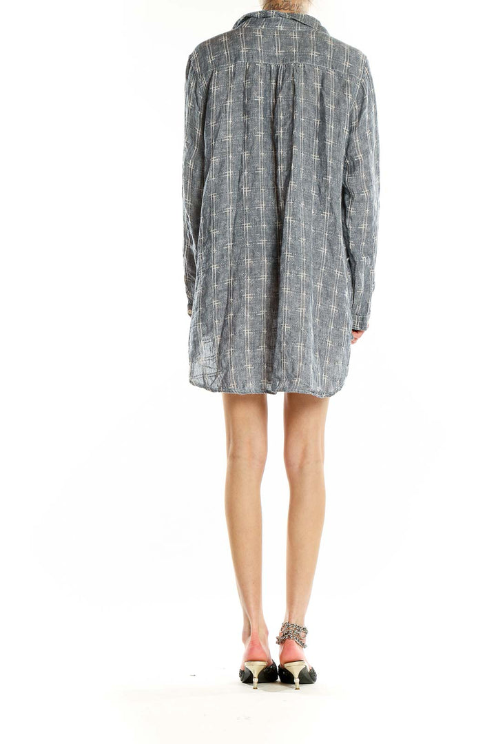 Back view of Free People x CP SHADES gray plaid linen shirt dress on model