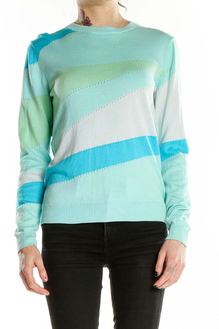 Front view of Liz Claiborne mint green striped cotton knit sweater