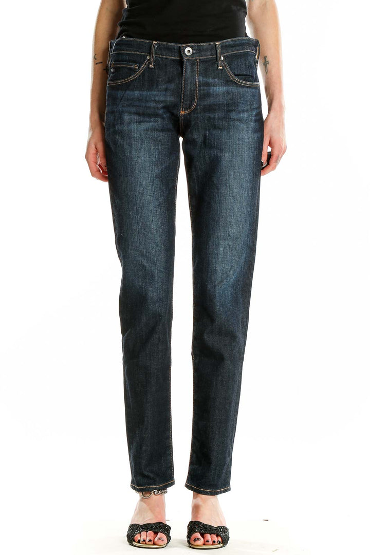 Front view of Adriano Goldschmied dark blue straight leg jeans