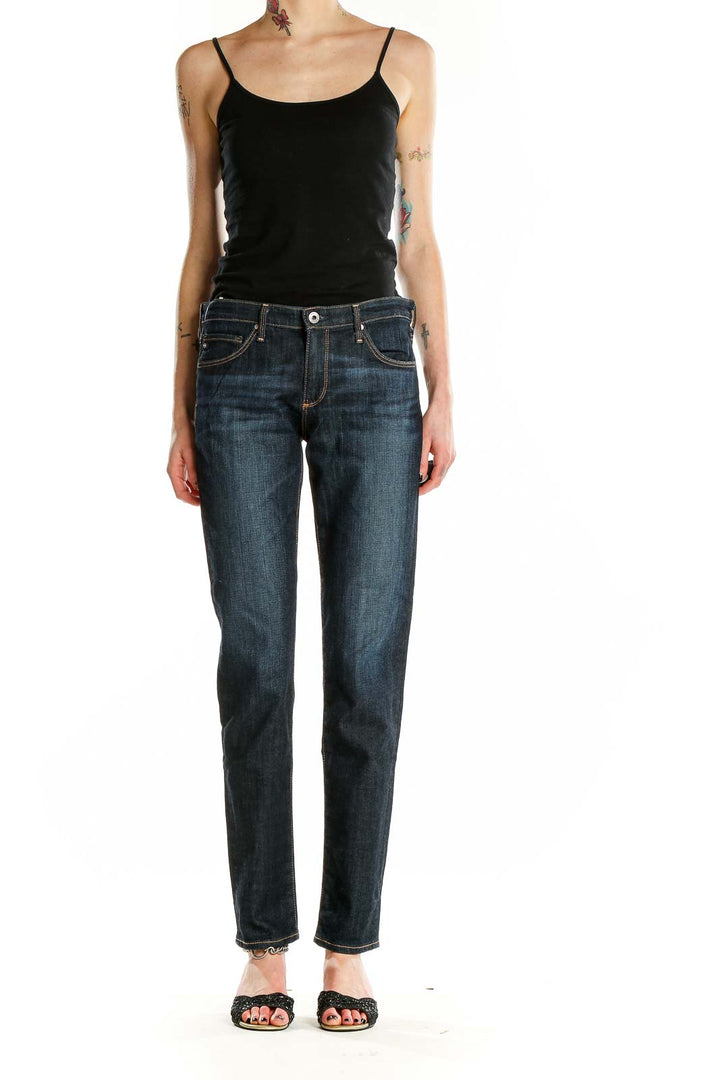 Front view of Adriano Goldschmied dark blue straight leg jeans