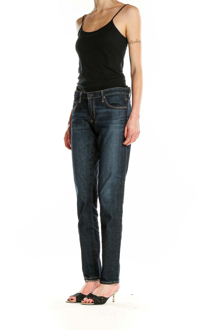 Front view of Adriano Goldschmied dark blue straight leg jeans