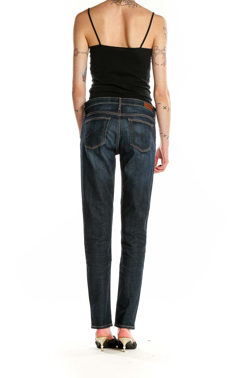 Back view of Adriano Goldschmied dark blue straight leg jeans on model