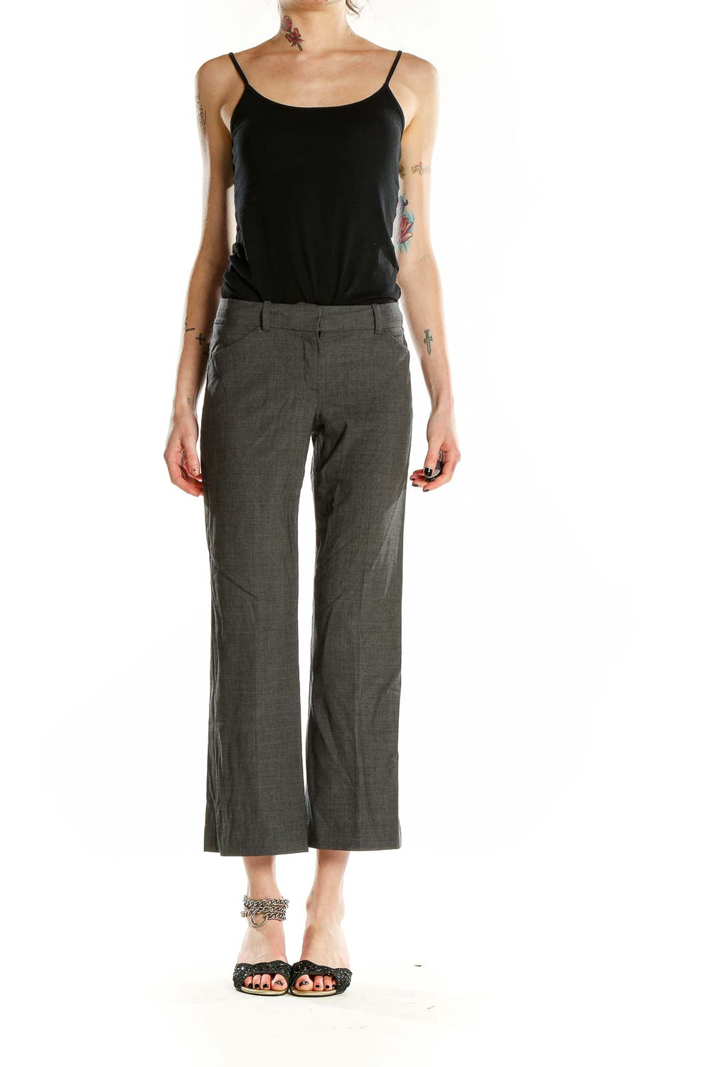 Front view of Theory gray cropped trousers on model