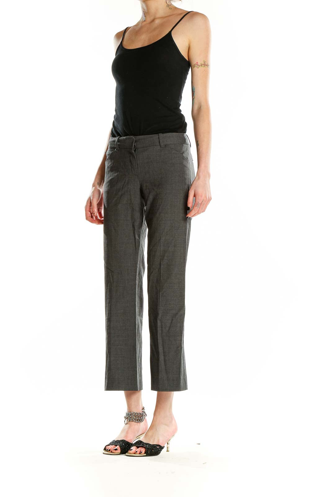 Front view of Theory gray cropped trousers on model