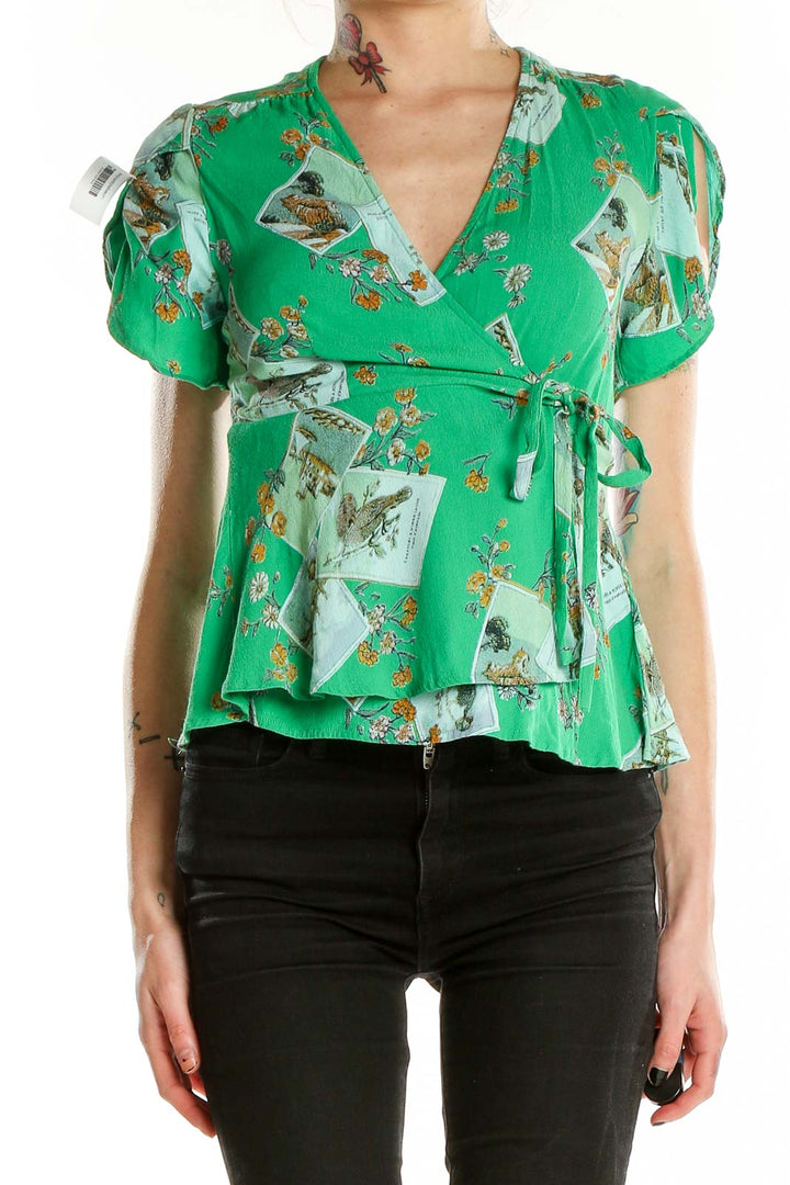 Green Shorts Sleeve Printed Wrap Top