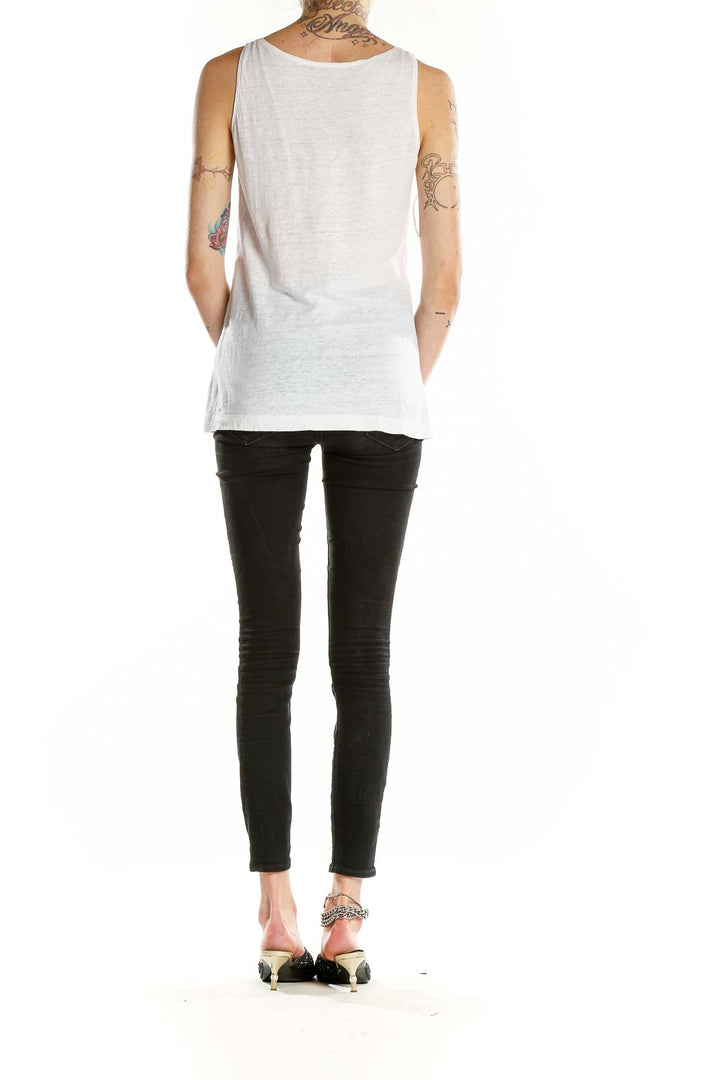 White Scoop Neck Embellished Linen Tank Top