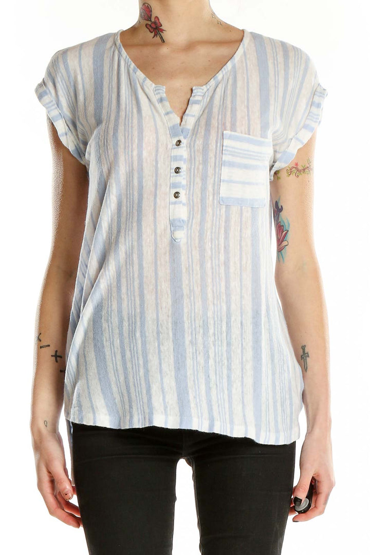 White Blue Shorts Sleeve Striped Linen Top