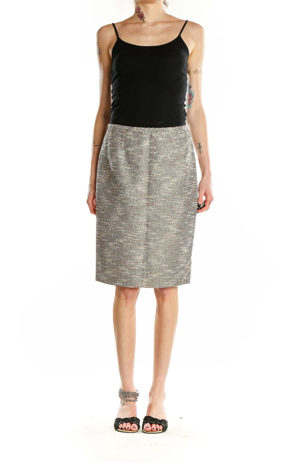 Gray Metallic Tweed Pencil Skirt