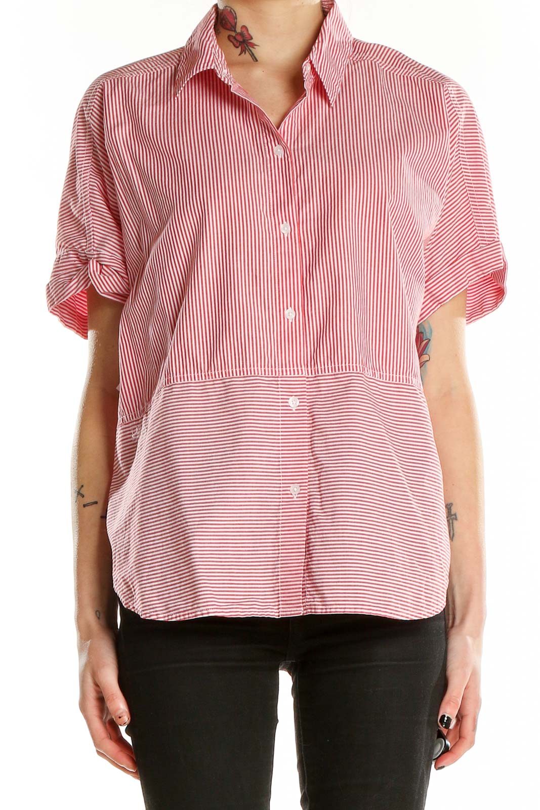 Front view of Calvin Klein red striped cotton button-up shirt on model