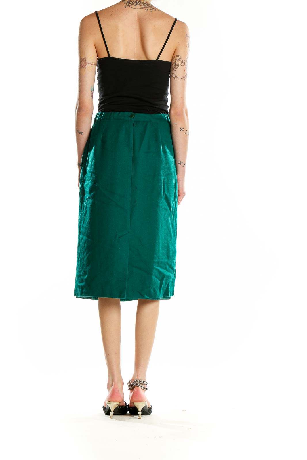 Back view of emerald green wool A-line midi skirt by RUSS