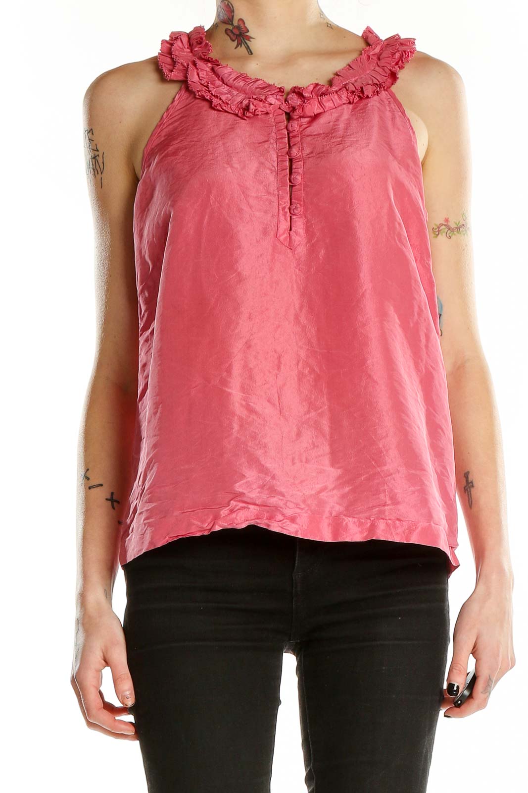 Front view of J.Crew pink silk ruffle-neck sleeveless top