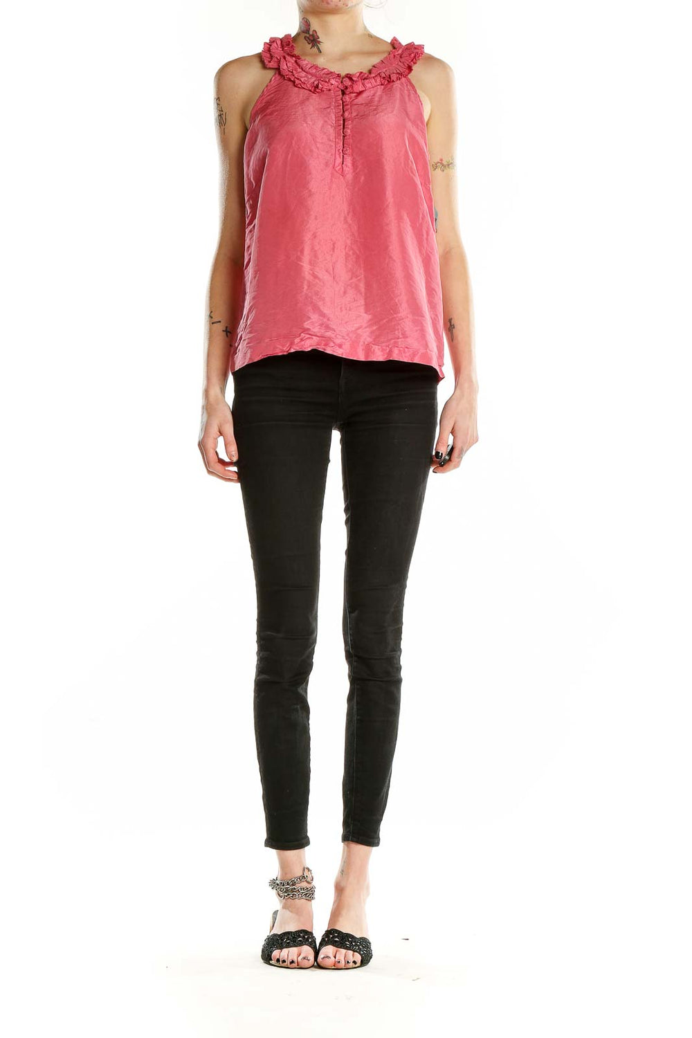 Front view of J.Crew pink silk ruffle-neck sleeveless top