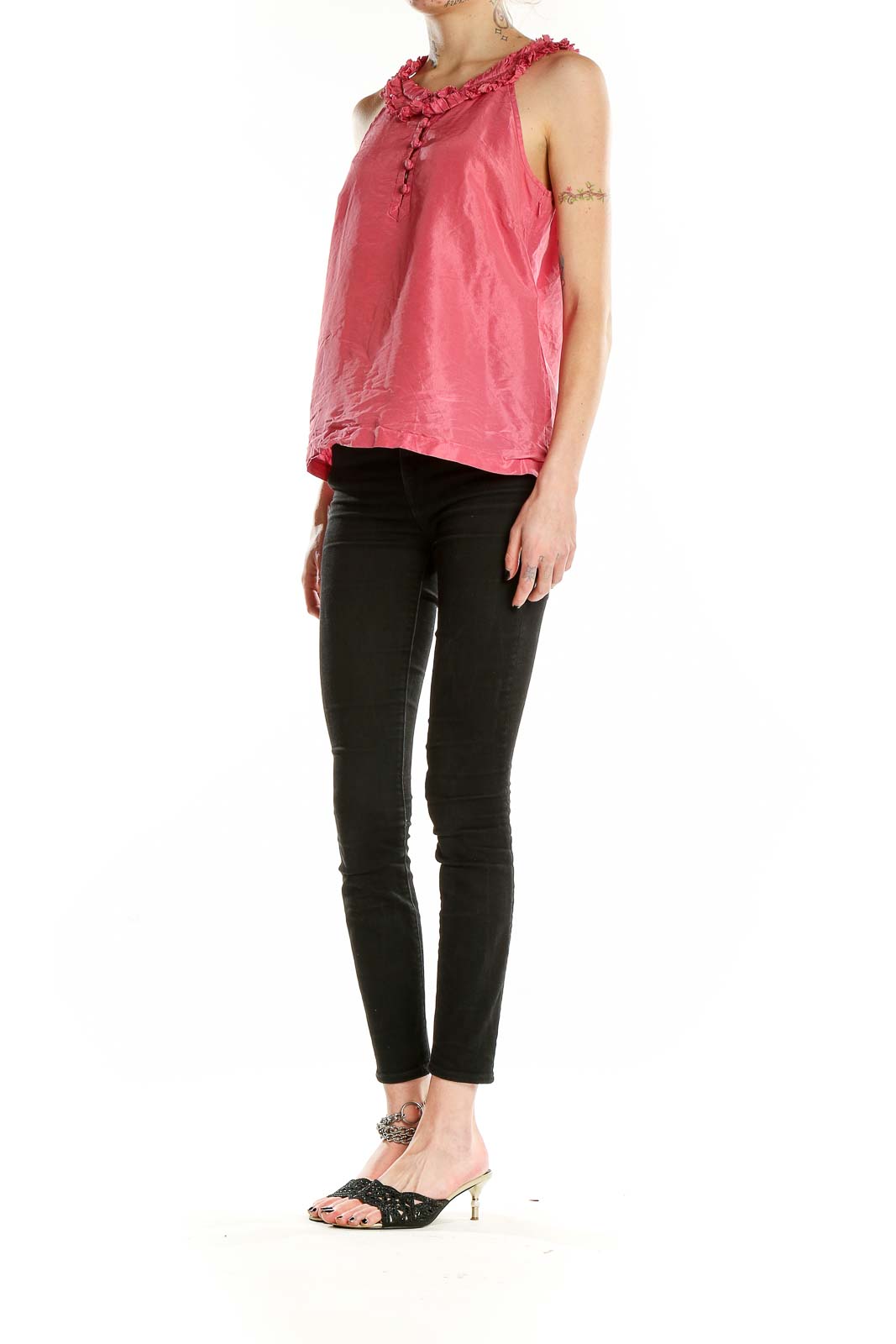 Front view of J.Crew pink silk ruffle-neck sleeveless top