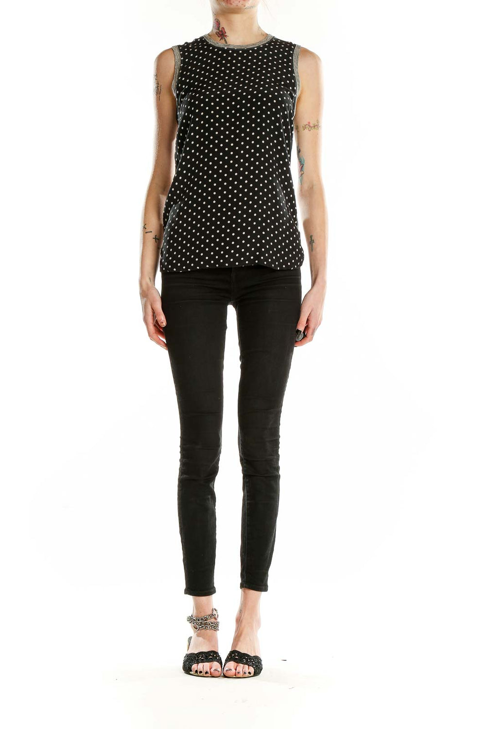 Front view of J.Crew black polka dot sleeveless blouse with gray trim