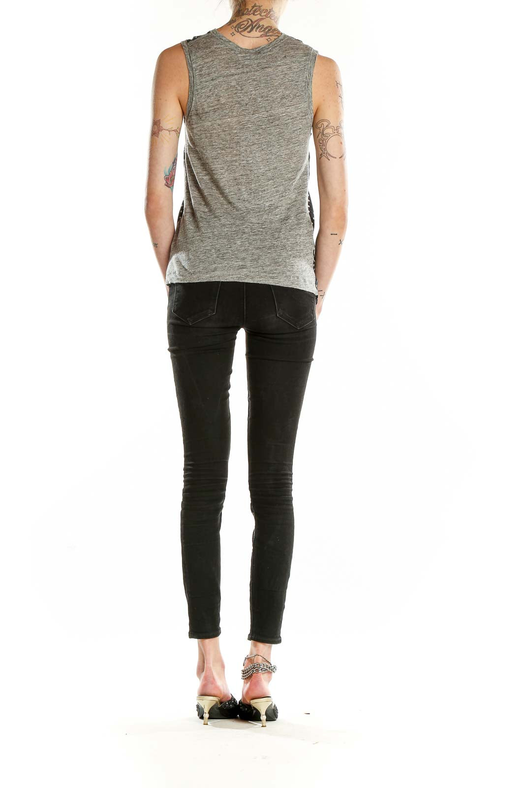 Back view of J.Crew sleeveless blouse showing gray fabric and relaxed fit