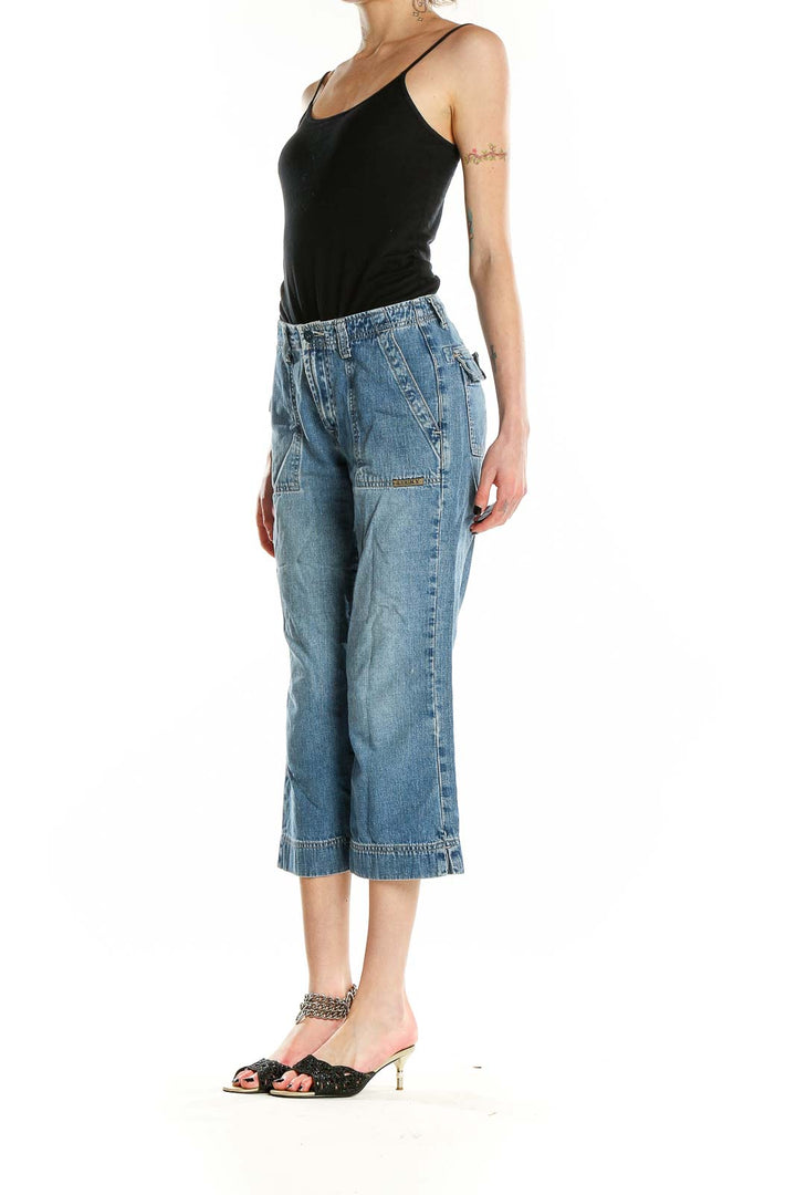 Front view of Lucky Brand light blue cropped wide-leg jeans