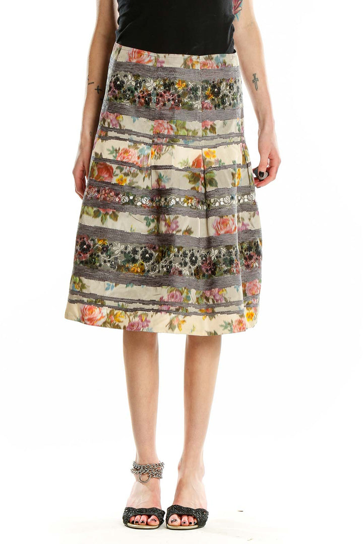 Front view of Harolds multicolor floral striped A-line skirt