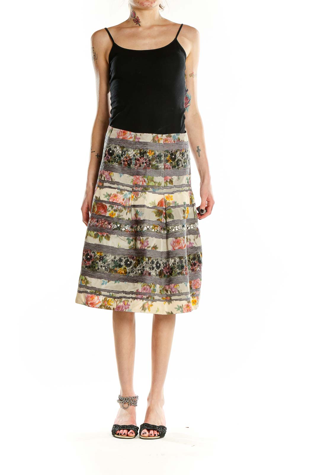 Front view of Harolds multicolor floral striped A-line skirt