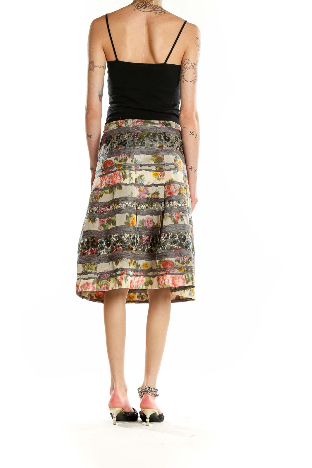 Back view of Harolds multicolor floral striped A-line skirt