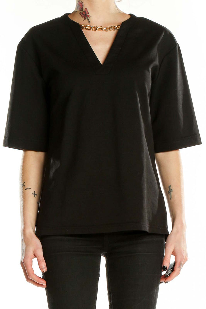 Black Chain Split Neck Shorts Sleeve Top