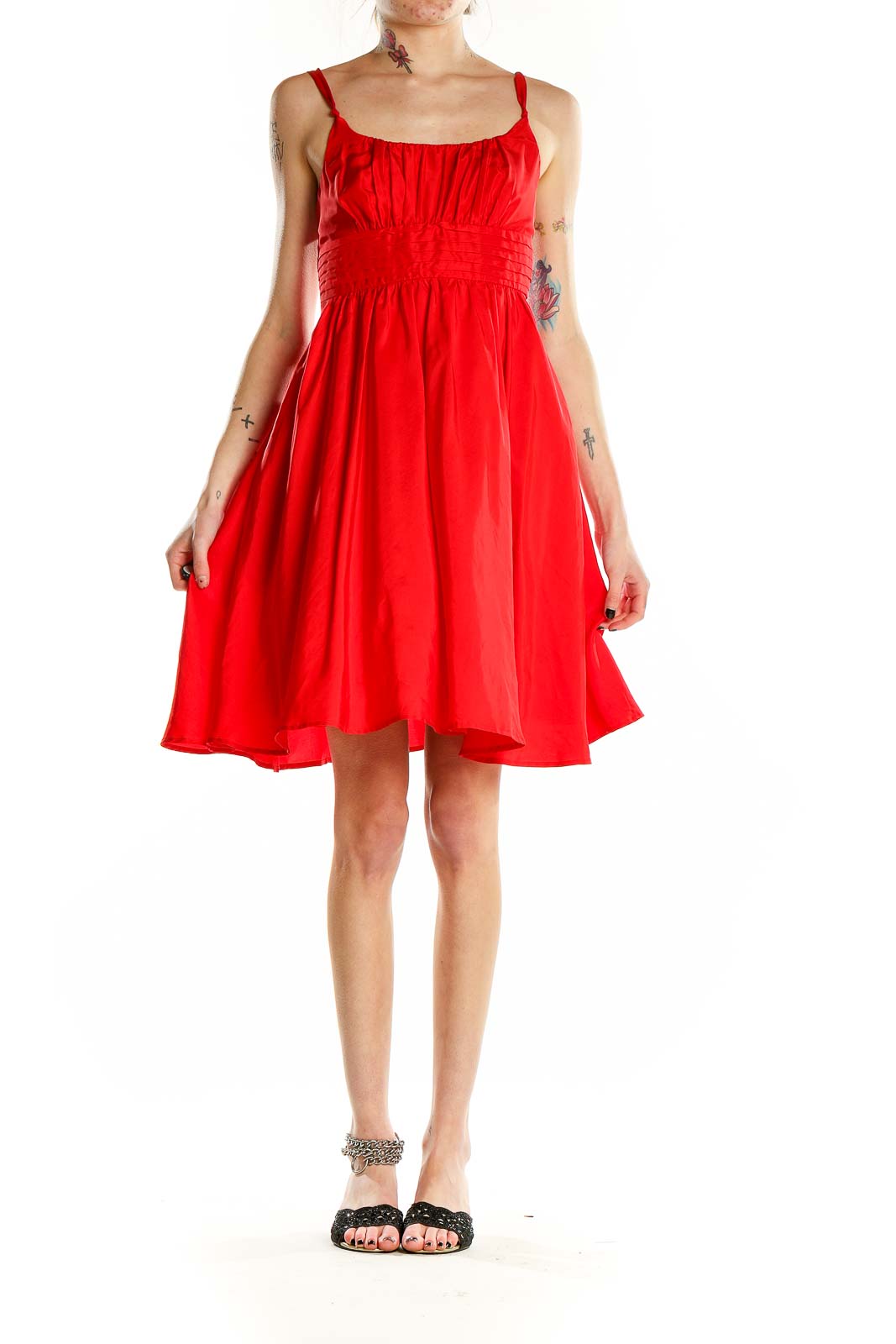 Front view of red silk flowy cocktail dress by Moulinette Soeurs