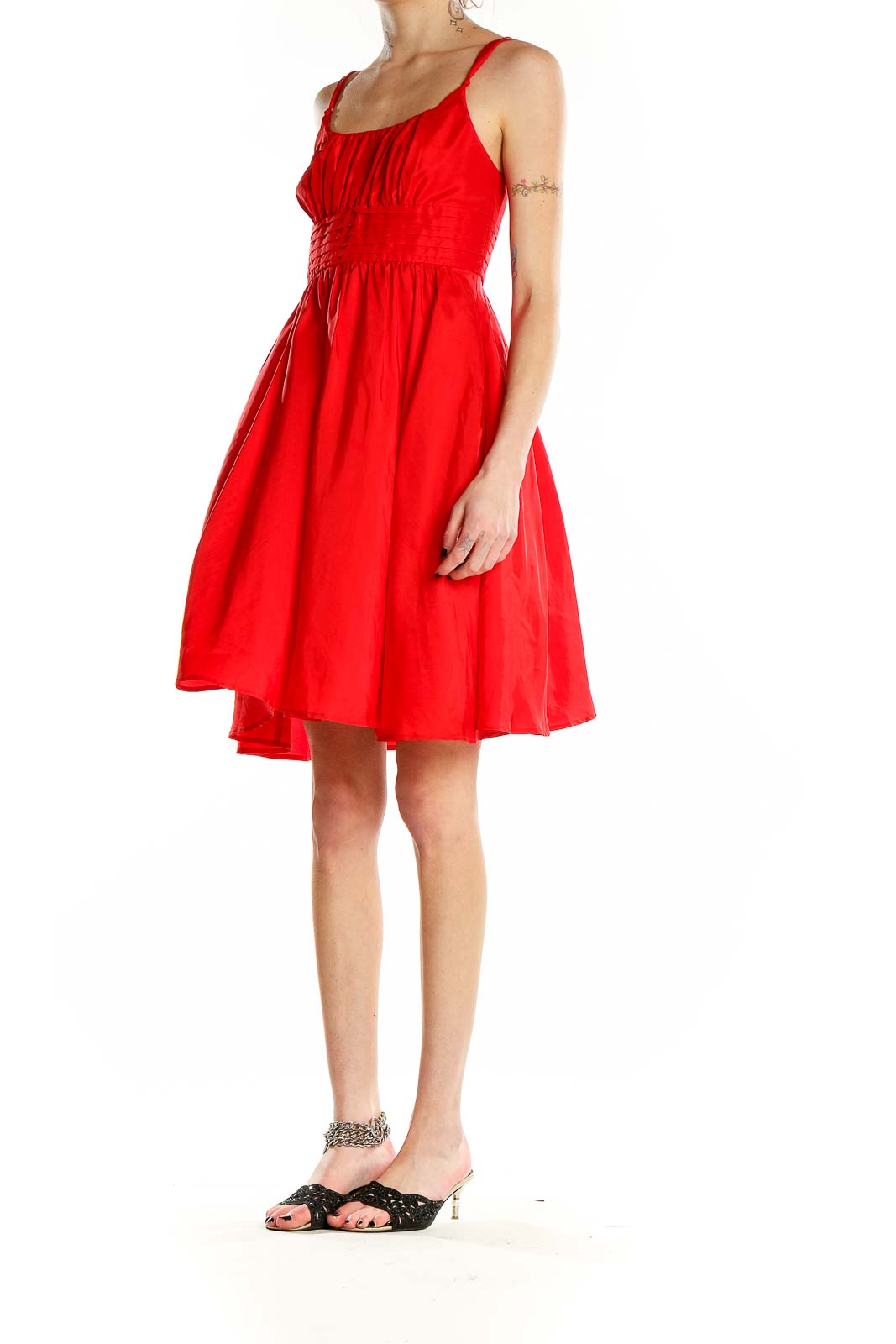 Front view of red silk flowy cocktail dress by Moulinette Soeurs